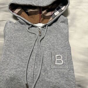 Burberry Gray Hoodie with Tan Plaid Interior